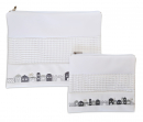 Tallit and Tefillin Bag, White Faux Leather  Silver and Gray Jerusalem Images