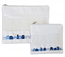 White Faux Leather Tallit and Tefillin Bag Set - Embroidered Jerusalem Images