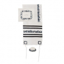 Yair Emanuel White Polysilk Tallit Set, Embroidered Jerusalem Design - Black