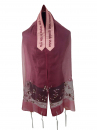 Ronit Gur Silk-Wool Tallit Prayer Shawl Set, Pink Apple Blossom Panel - Maroon